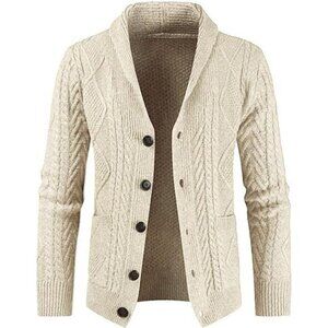 Men's Casual Long Sleeve Shawl Collar Buttons Down Cable Knit Cardigan